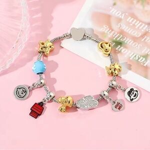 925 Sterling Silver & 14K Gold Peanuts Snoopy  Themed Loaded Charm Bracelet